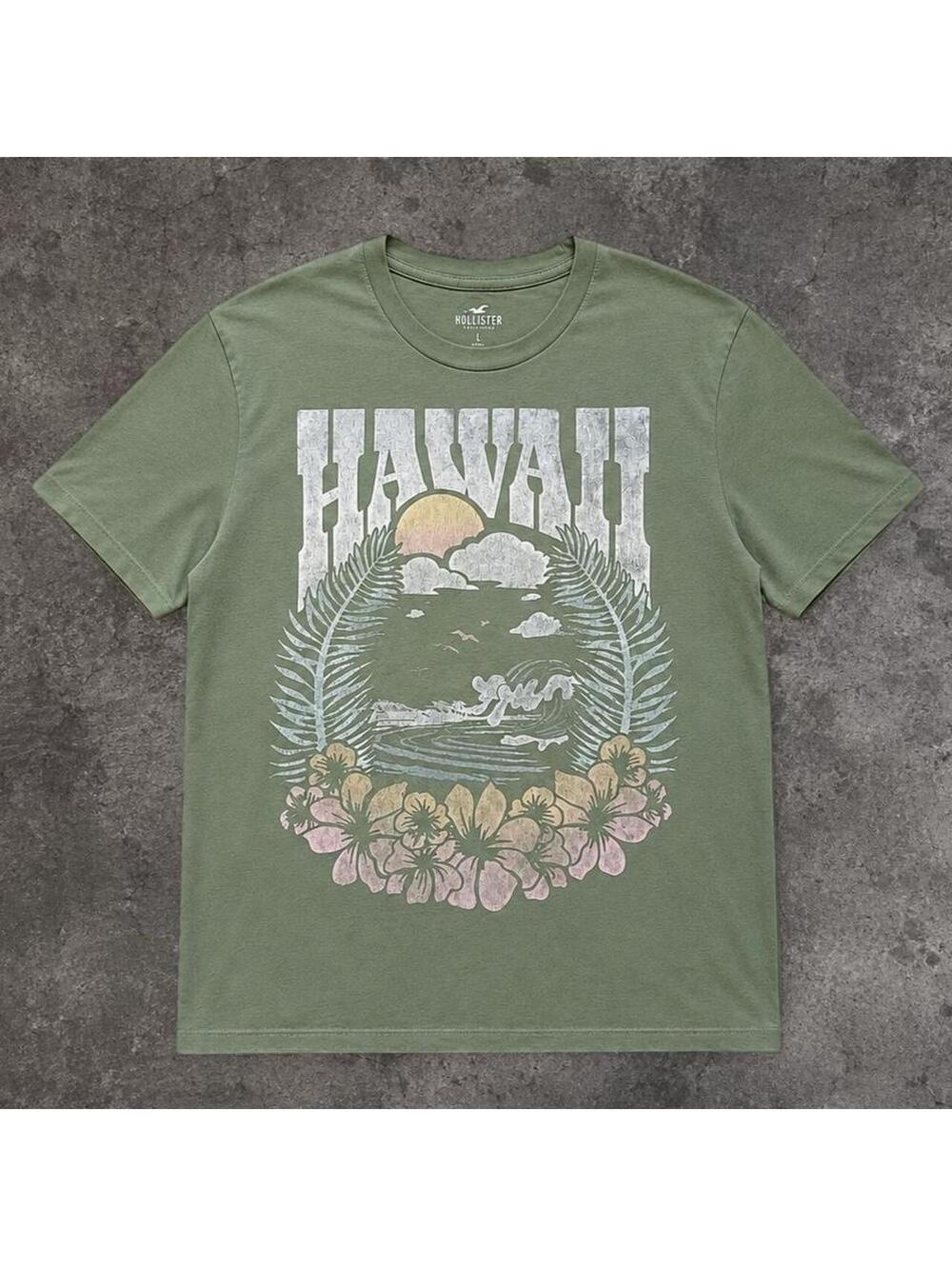 Fire beautiful Hollister Co. Hawaii graphic tee with palm trees, sun, and flower